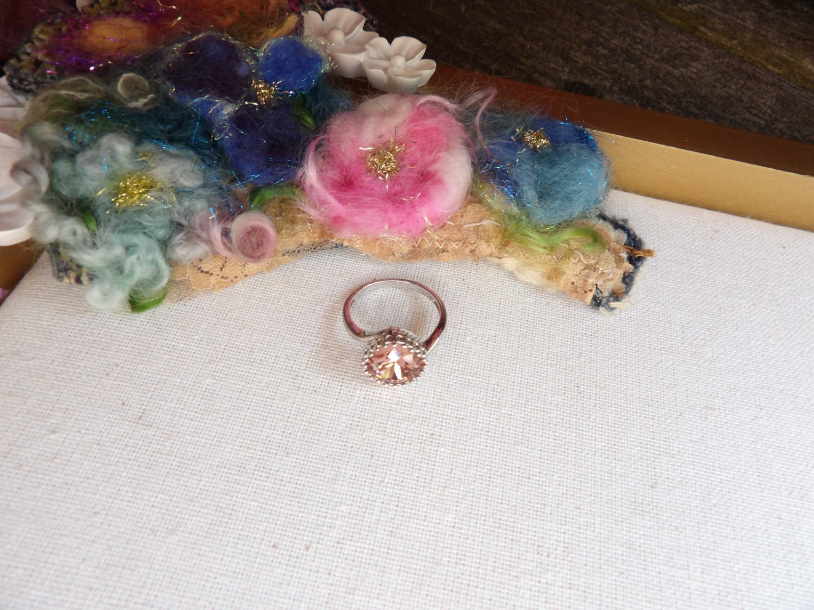 sterling silver ring, salmon pink crystal, new, stamped