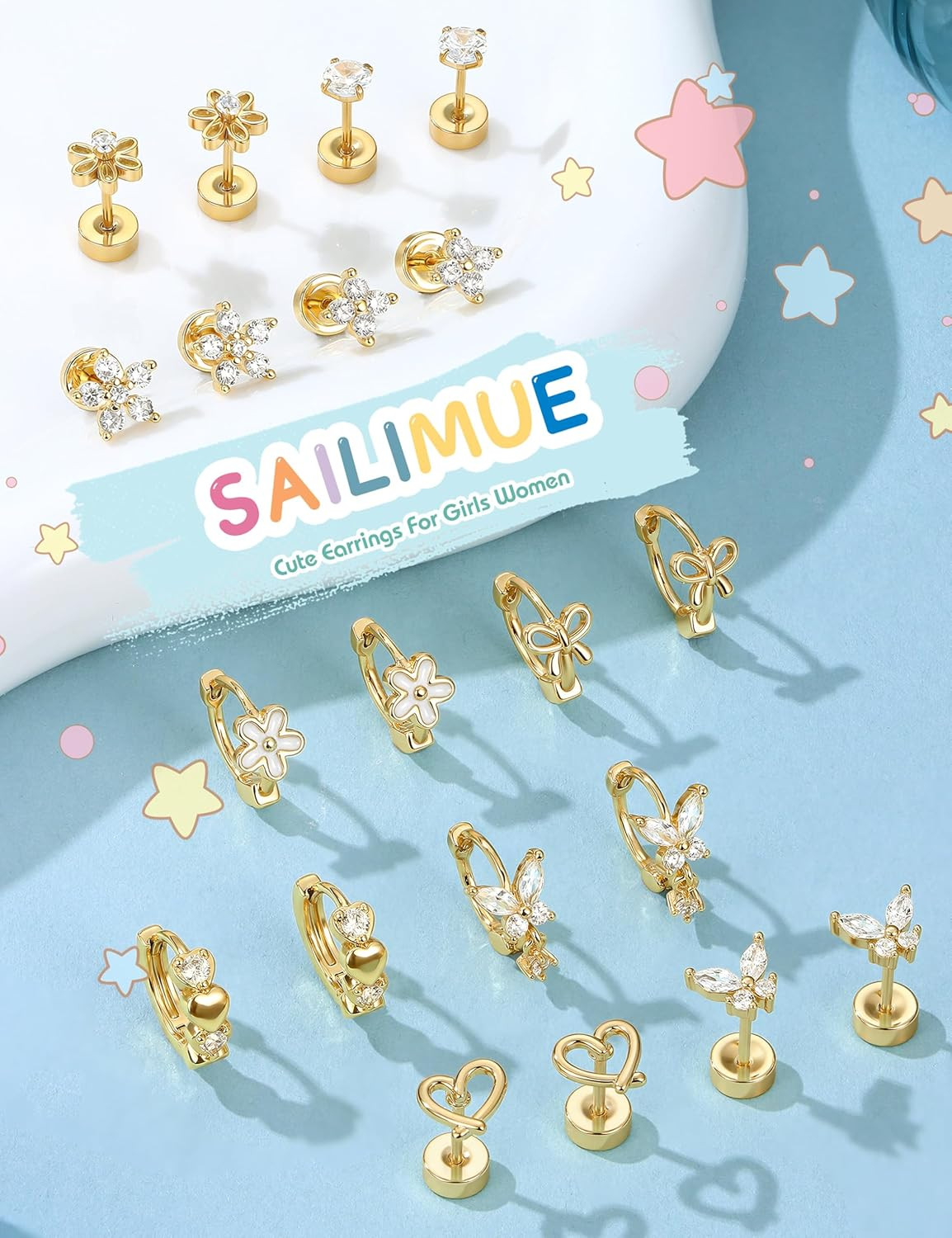 SAILIMUE Flat Back Earrings Set Girls 14K Gold Surgical Steel Stud Hoops