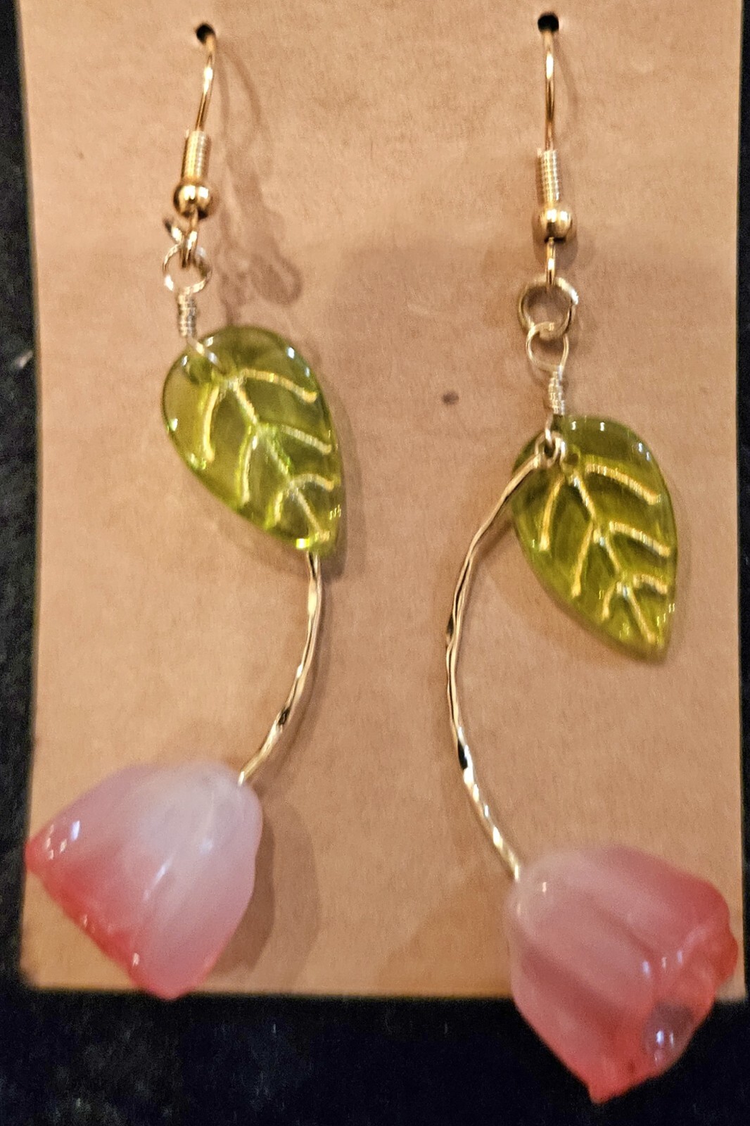 PINK & WHITE ROSE W/ Green Leaf Dangle Earrings w/18K Gold Plated Hook. Must See