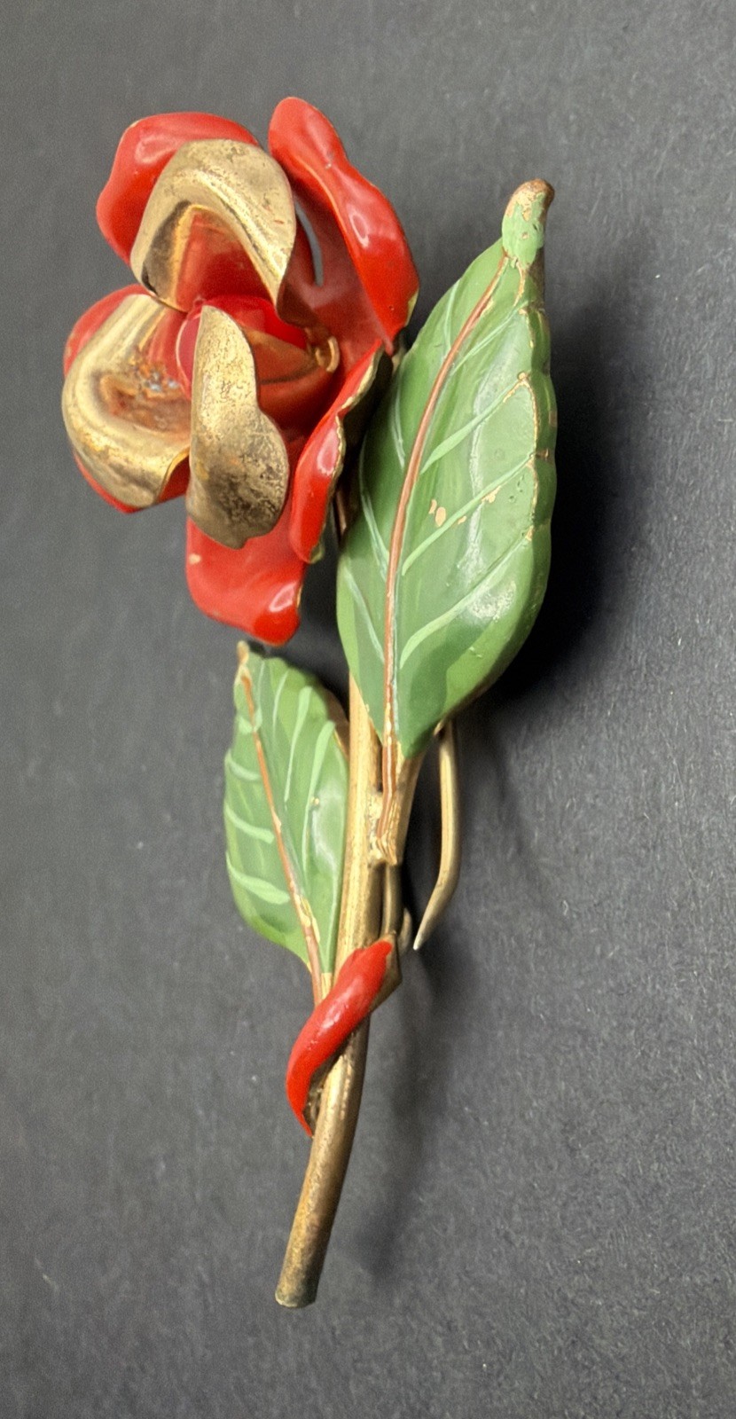 Vintage Crown Trifari Red Rose Green Enamel Set- Brooch & clip on earrings