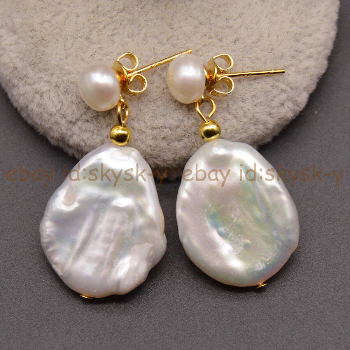 17-22mm Real Natural South Sea Flat Baroque White Pearl Dangle Stud Earrings