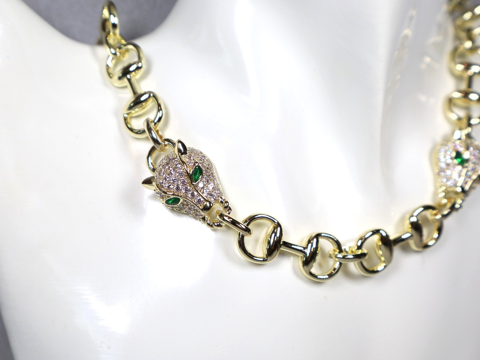 Statement Gold Panther Necklace Large Bling Cubic Zirconia Green White Gemstones