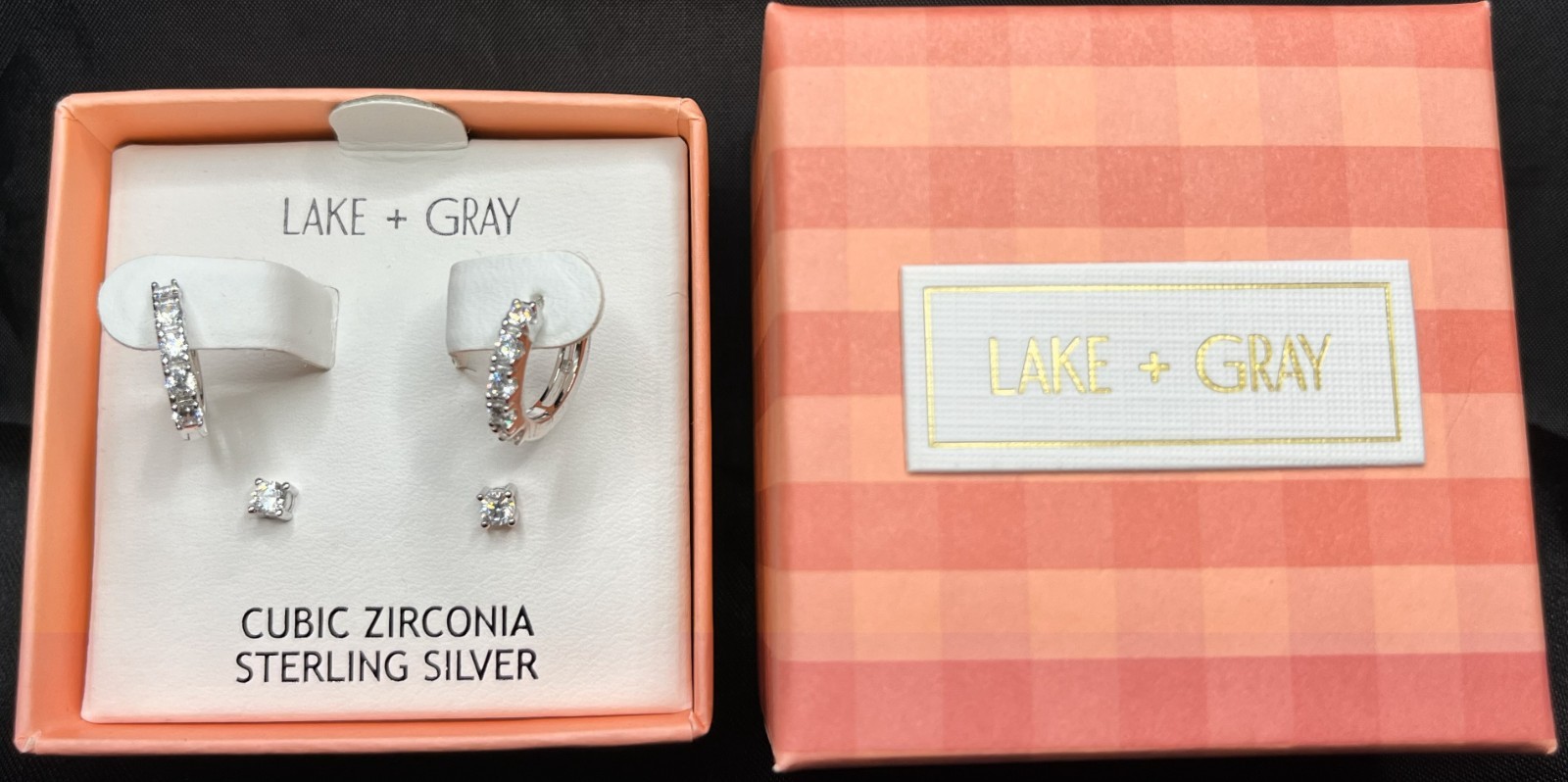 Lake + Gray Cubic Zirconia Sterling Silver Earrings 2pc Set Huggies Studs New.