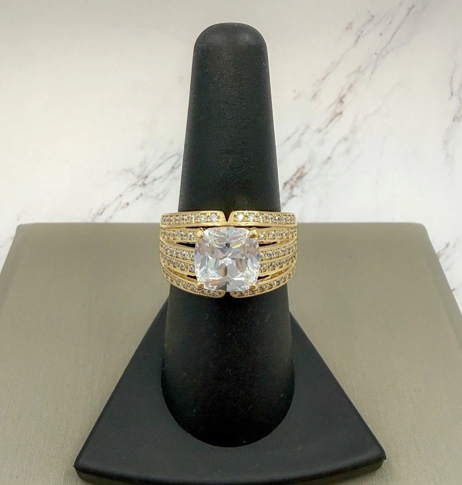 Diamonique 14K Gold Plated 925 Sterling Silver Cushion Multi-Row Band Ring Sz 8