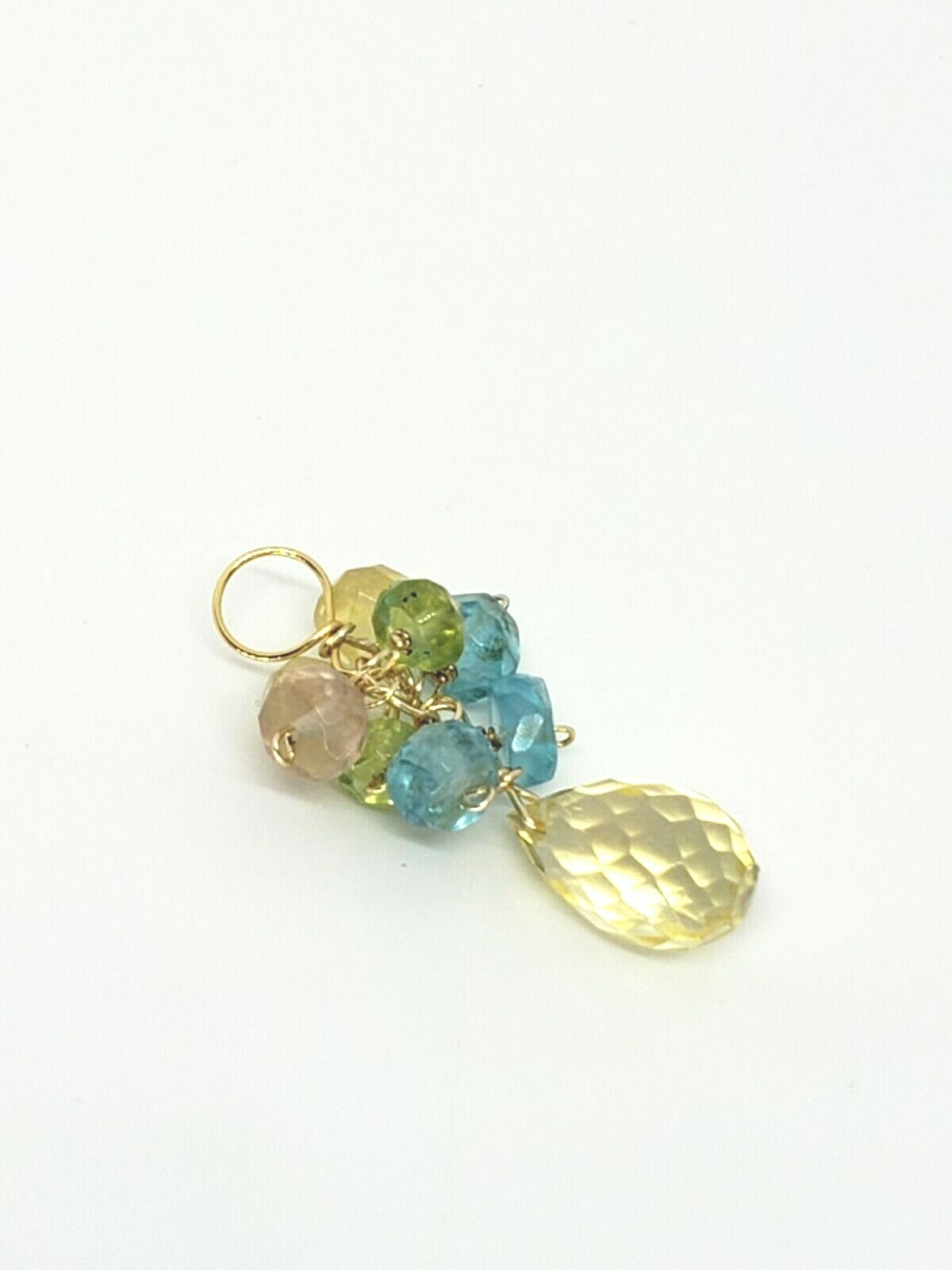 14k Yellow Gold Lemon Quartz Briolette Peridot Fluorite Cluster Drop Pendant