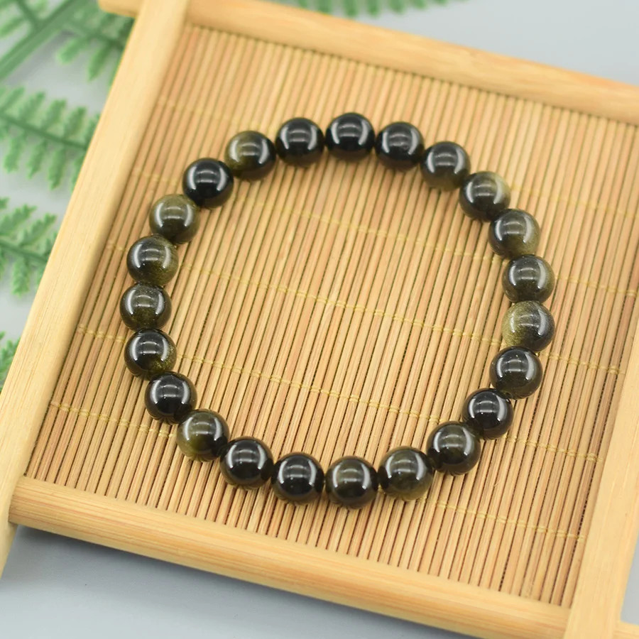 Golden Obsidian Beaded Bracelet Natural Stone Rainbow Tourmaline Energy Jewelry