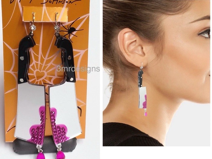 Betsey Johnson Black Handle Cleaver Drop Earrings Crystal Accents For Blood NWT