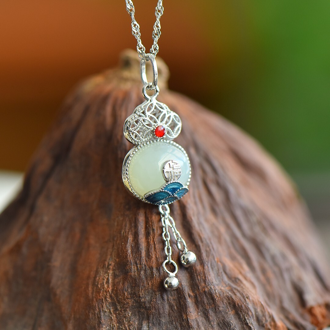 925 Silver with Hetian Jade egg face Fukushou Qi Ling tassel enamel pendant