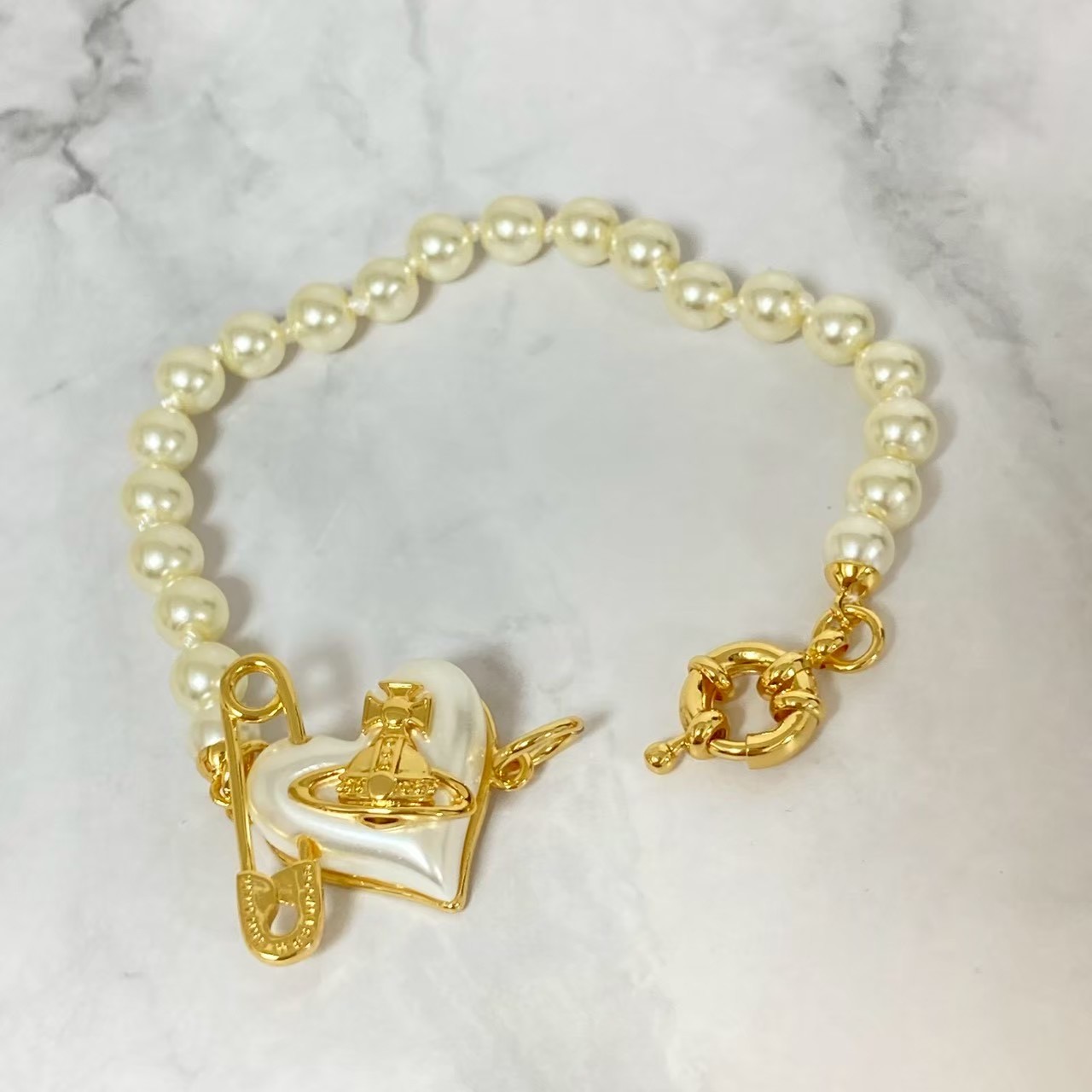 Vivienne Westwood Bracelet ORIETTA Pearl Heart Gold 19.5cm drawstring NO BOX