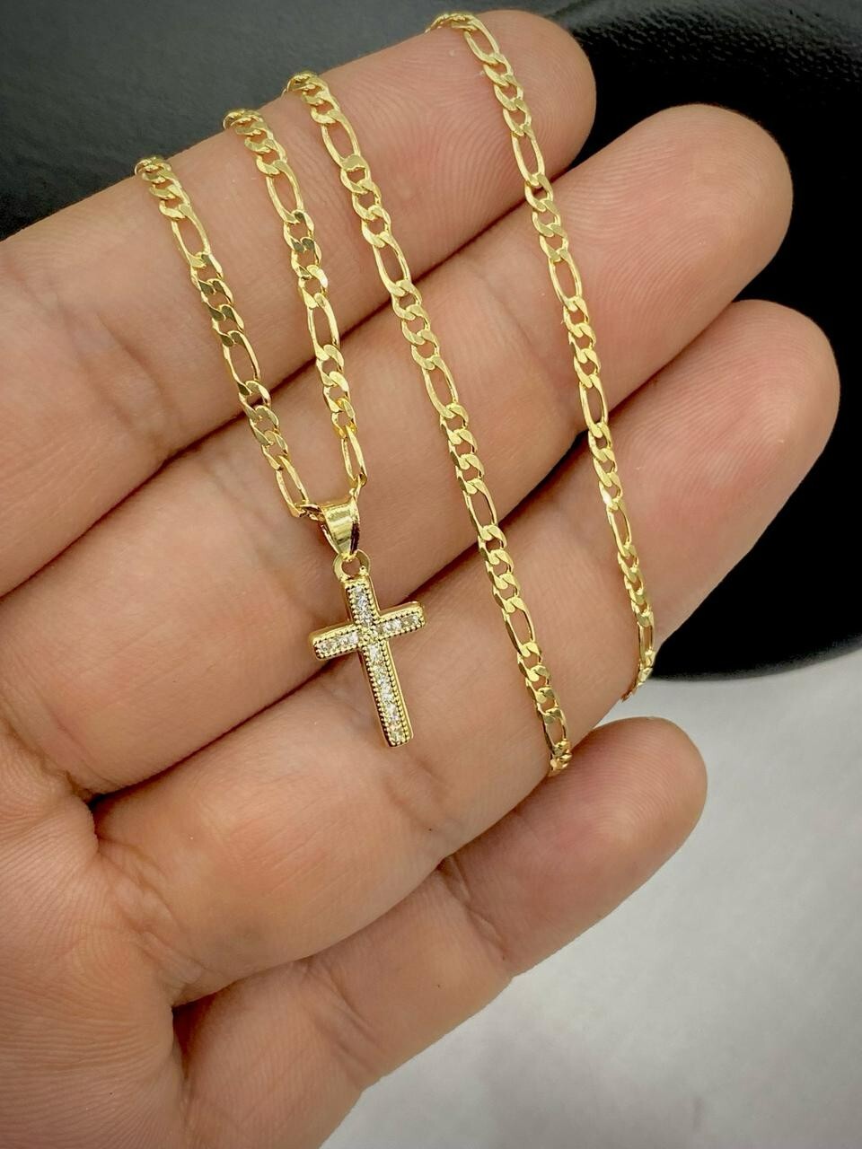 Men Women Cross CZ Pendant 14k Gold Filled Figaro Chain Necklace Baby Kids 17×10