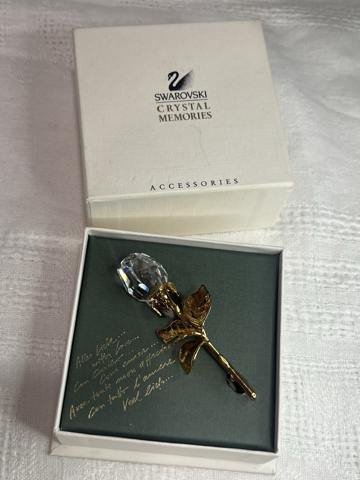 Swarovski Crystal Memories Rose Brooch Pin Gold Tone 3″ w/ Original Box-Gift