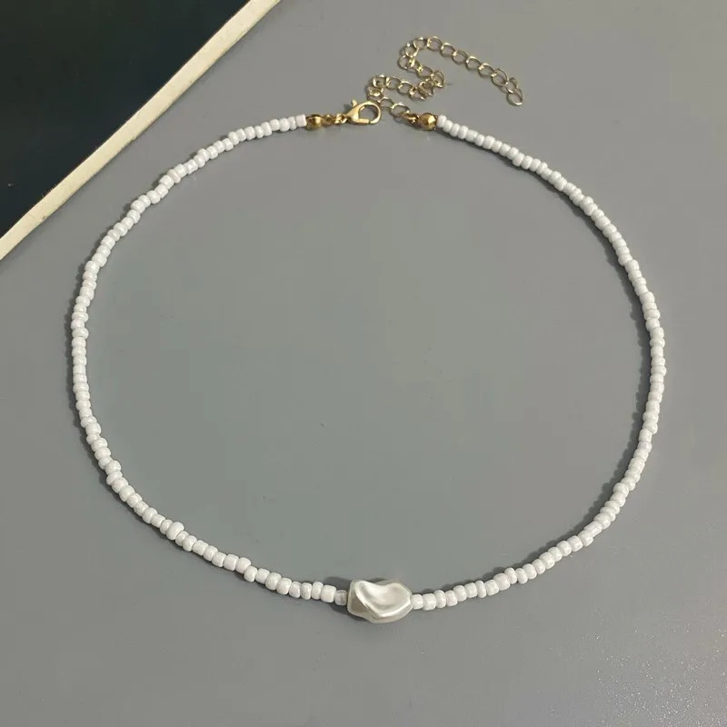 Fashion Boho Beads Necklace Women Imitation Pearl Seed Beaded Strand Short Choke