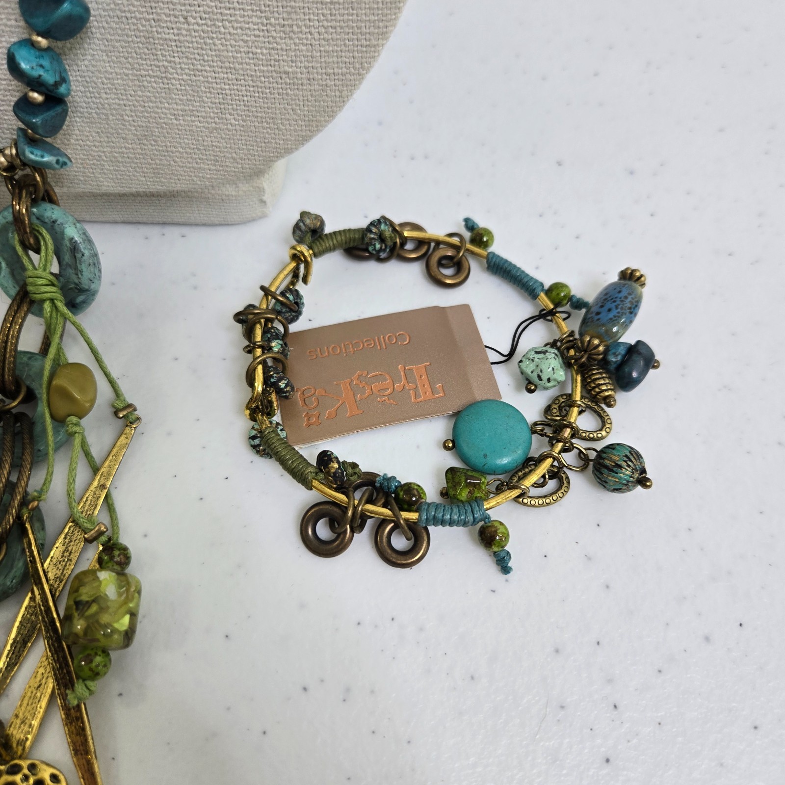 Treska Necklace Earrings Set Bracelet Blue Green Beaded Long Boho Gold Tone