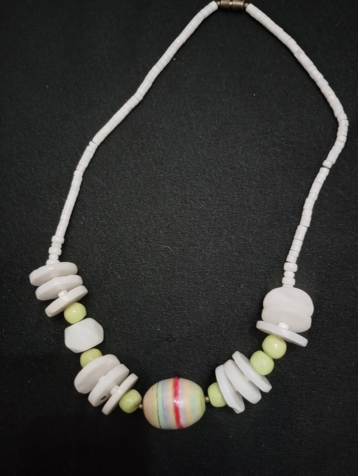 White & Green Plastic Bead Necklace, Multicolor Oval Center Bead, Beaded