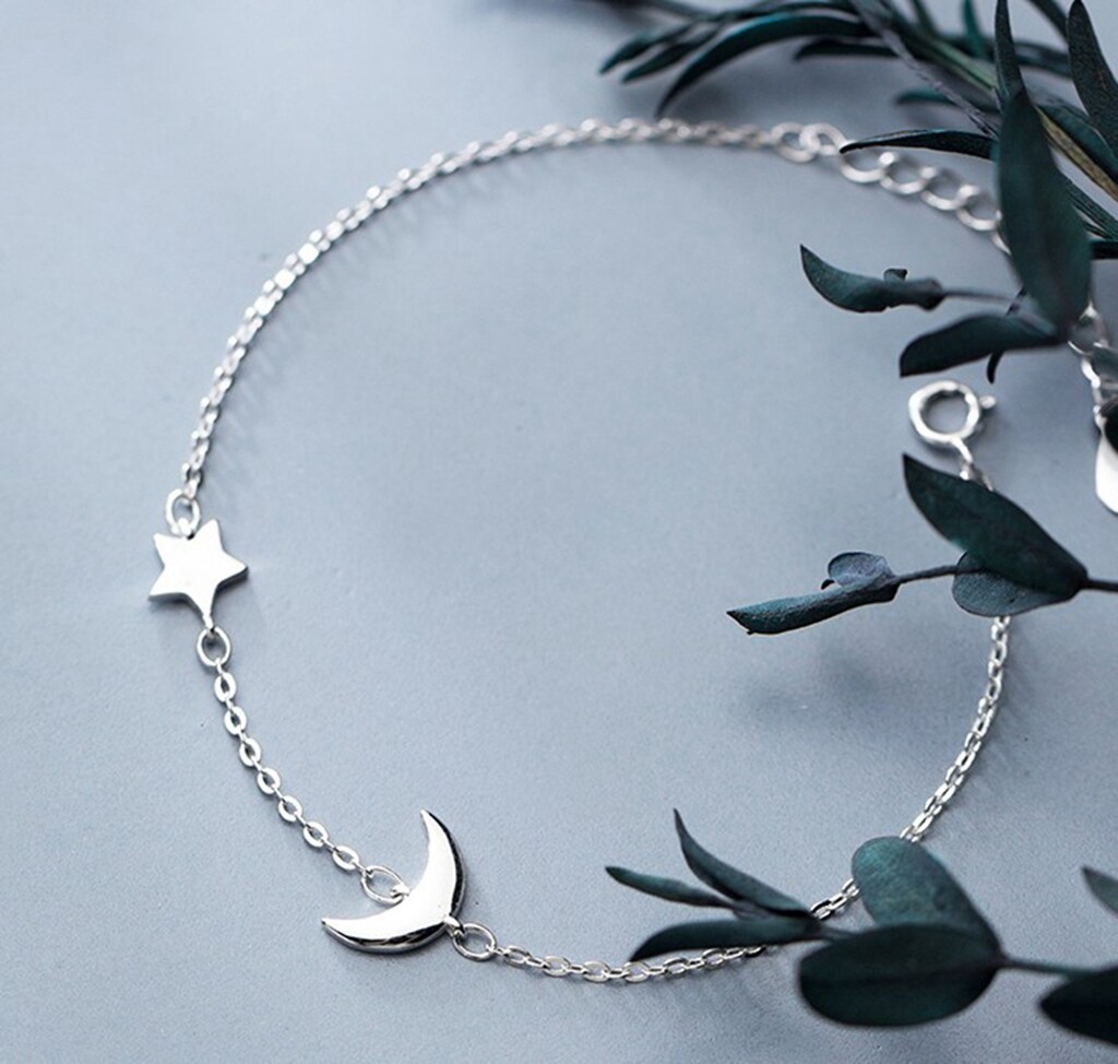 DAINTY Women Girl 925 Sterling Silver Moon and Star Bracelet Anklet 8.6-9.7″