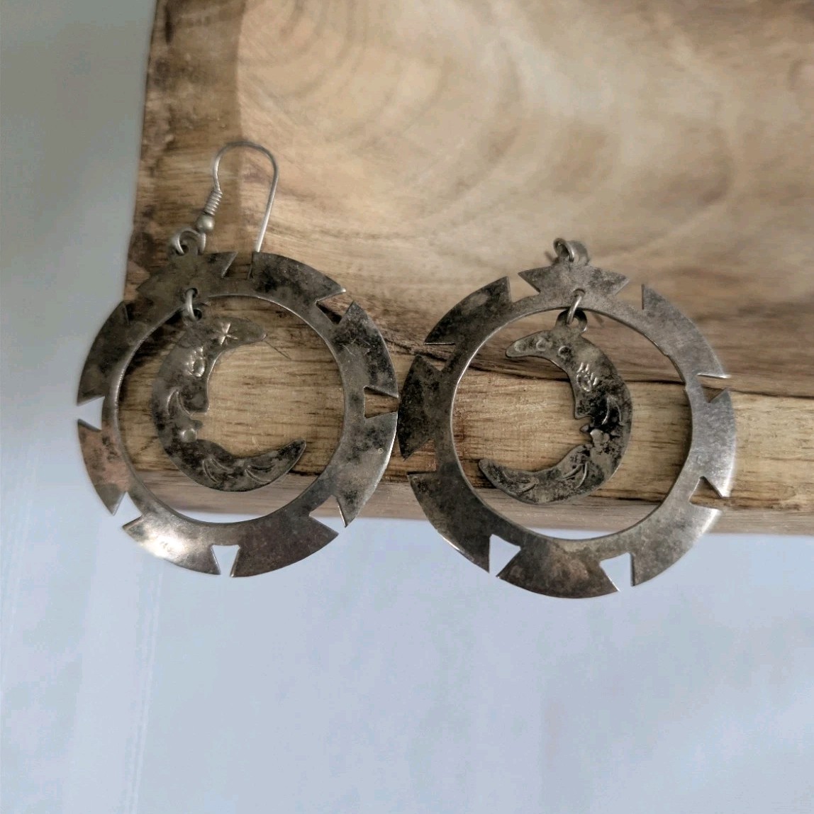 Sterling Silver Mexico Crescent Moon Dangle/Drop Earrings Metal French Wire Hook