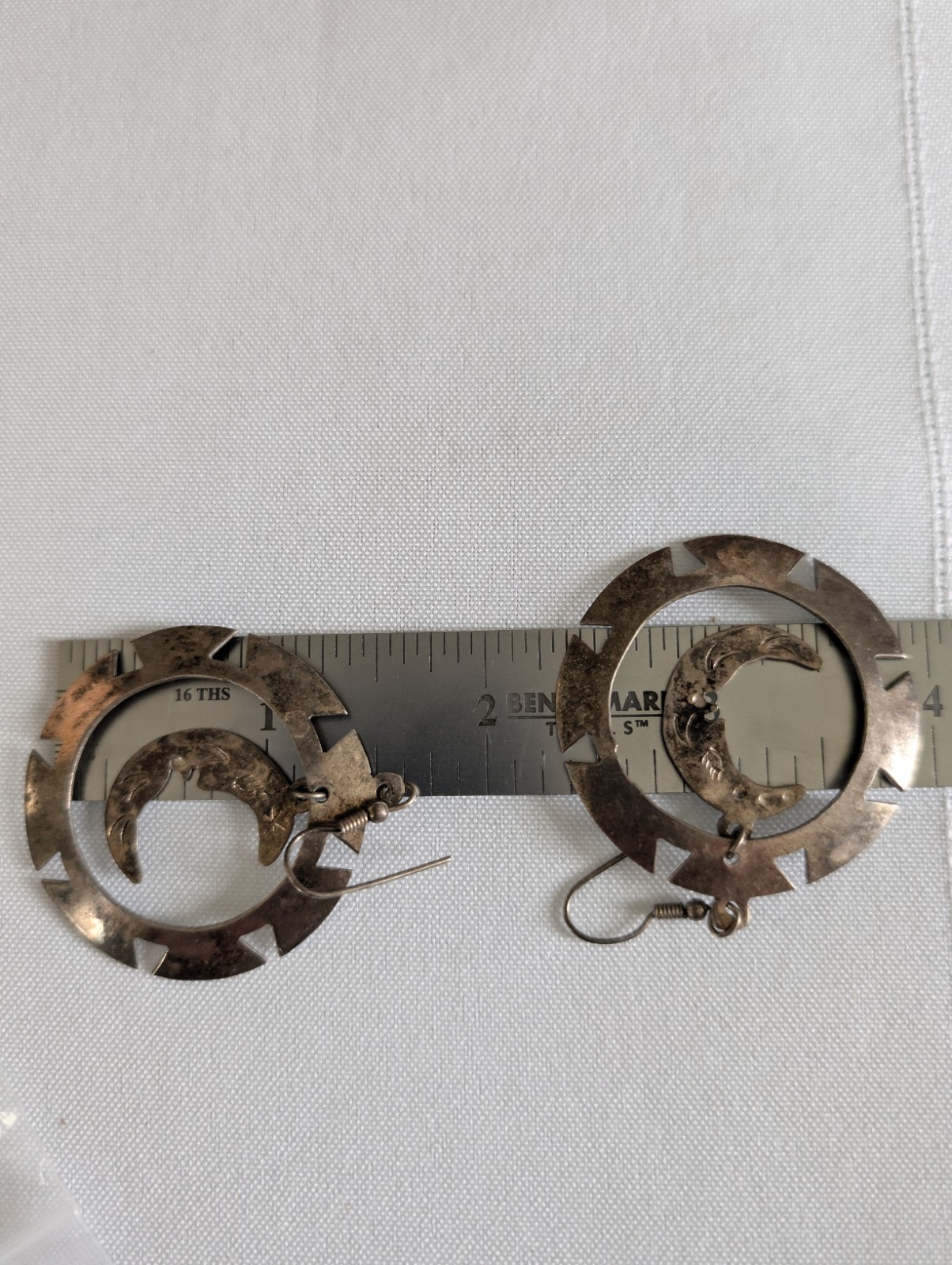 Sterling Silver Mexico Crescent Moon Dangle/Drop Earrings Metal French Wire Hook
