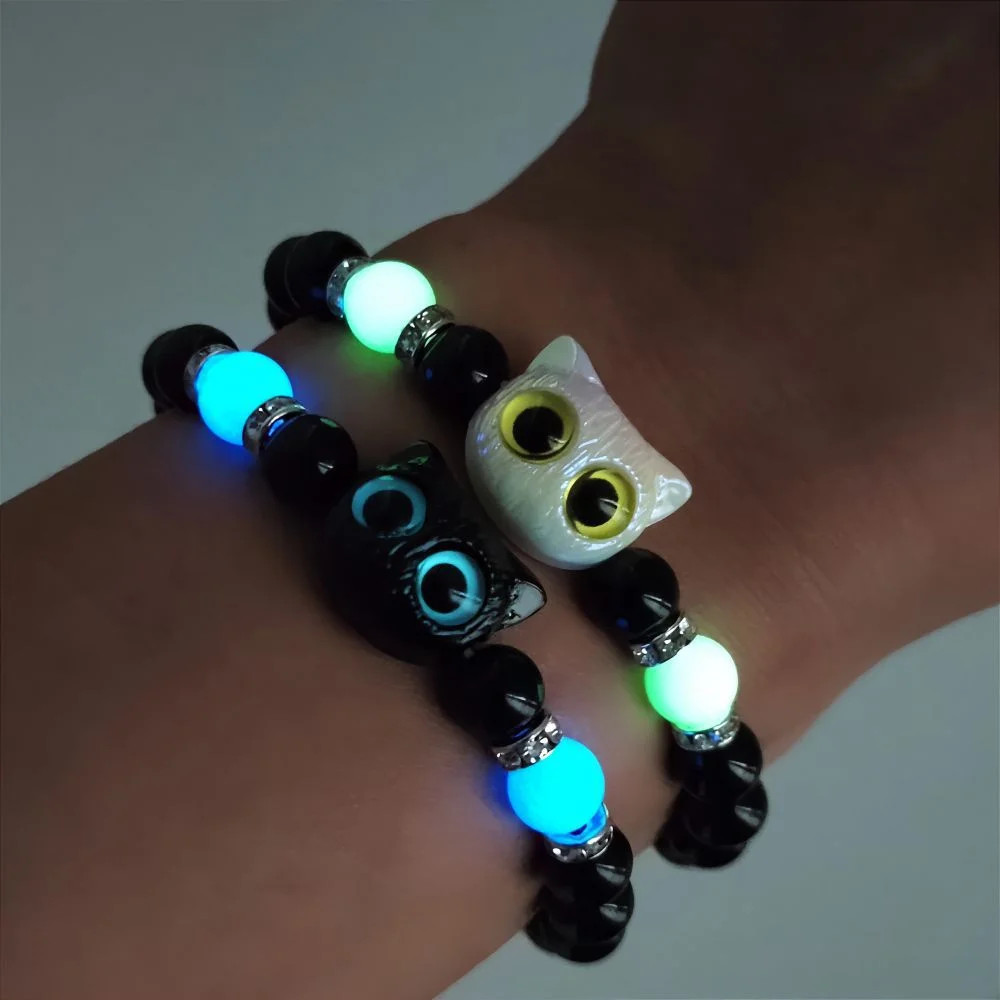 Black Luminous Beads Fashion Couple Bracelets Matching Charm for Women Men Cat