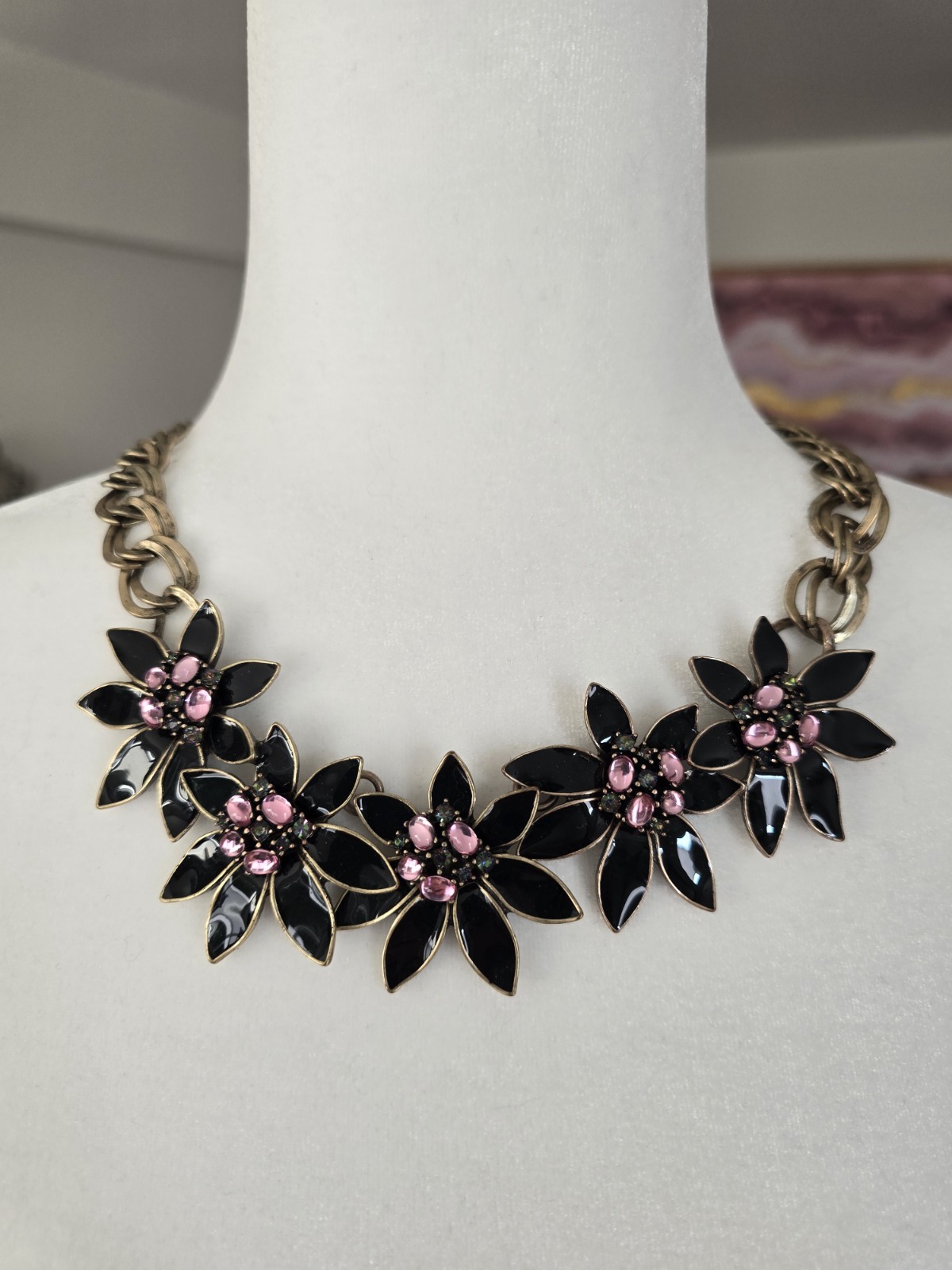 COLDWATER CREEK BLACK FLORAL STATEMENT NECKLACE PINK CABOCHONS U Know U Want Me!