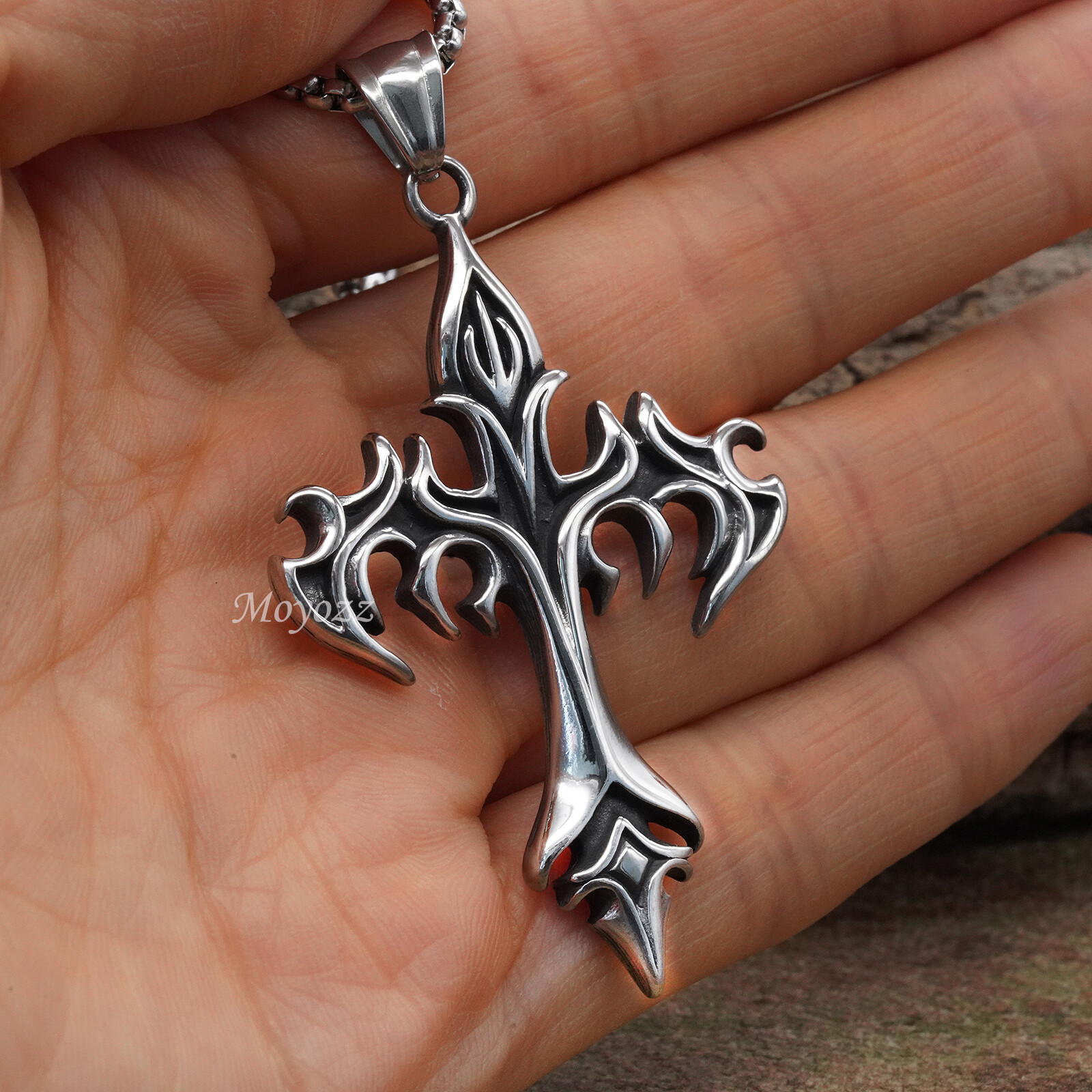 Stainless Steel Mens Gothic Alchemy Fire Cross Pendant Necklace For Men Gift