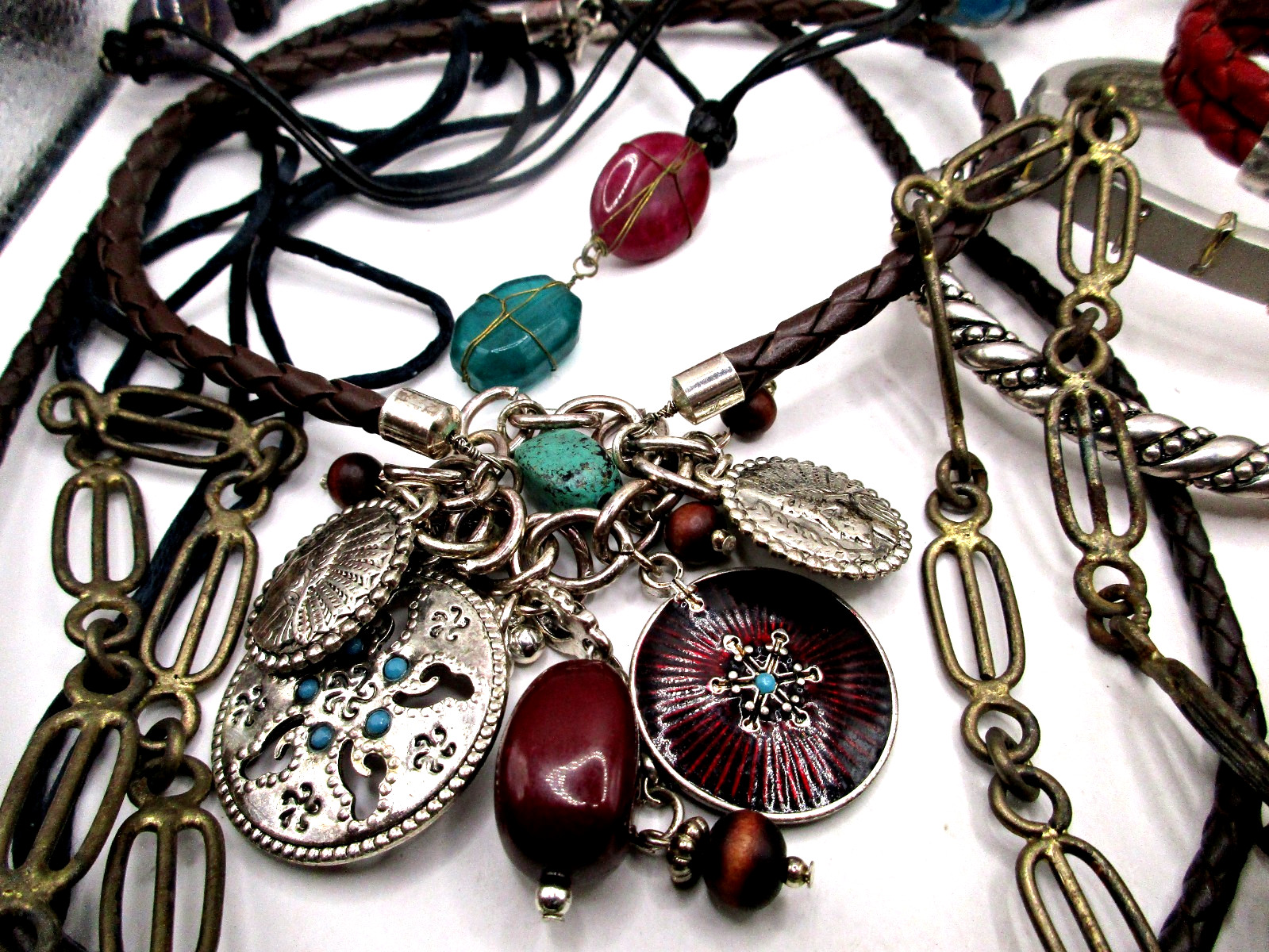 Vintage 11pc Lot Silver, Copper, Glass Bracelets, Charms & Glass Cord Necklaces