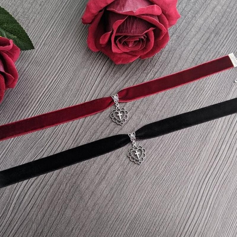 Gothic Cross Heart Charm Pendant Choker Velvet Chain Women Fashion Love Jewelry