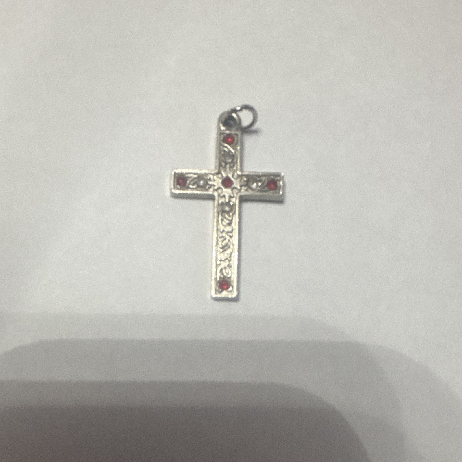 Silver Tone Cross Charm Pendant, Red & Clear Rhinestones, Religious Theme
