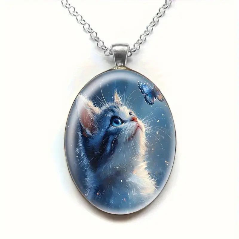 Cat and Butterfly Design Oval Pendant Necklace