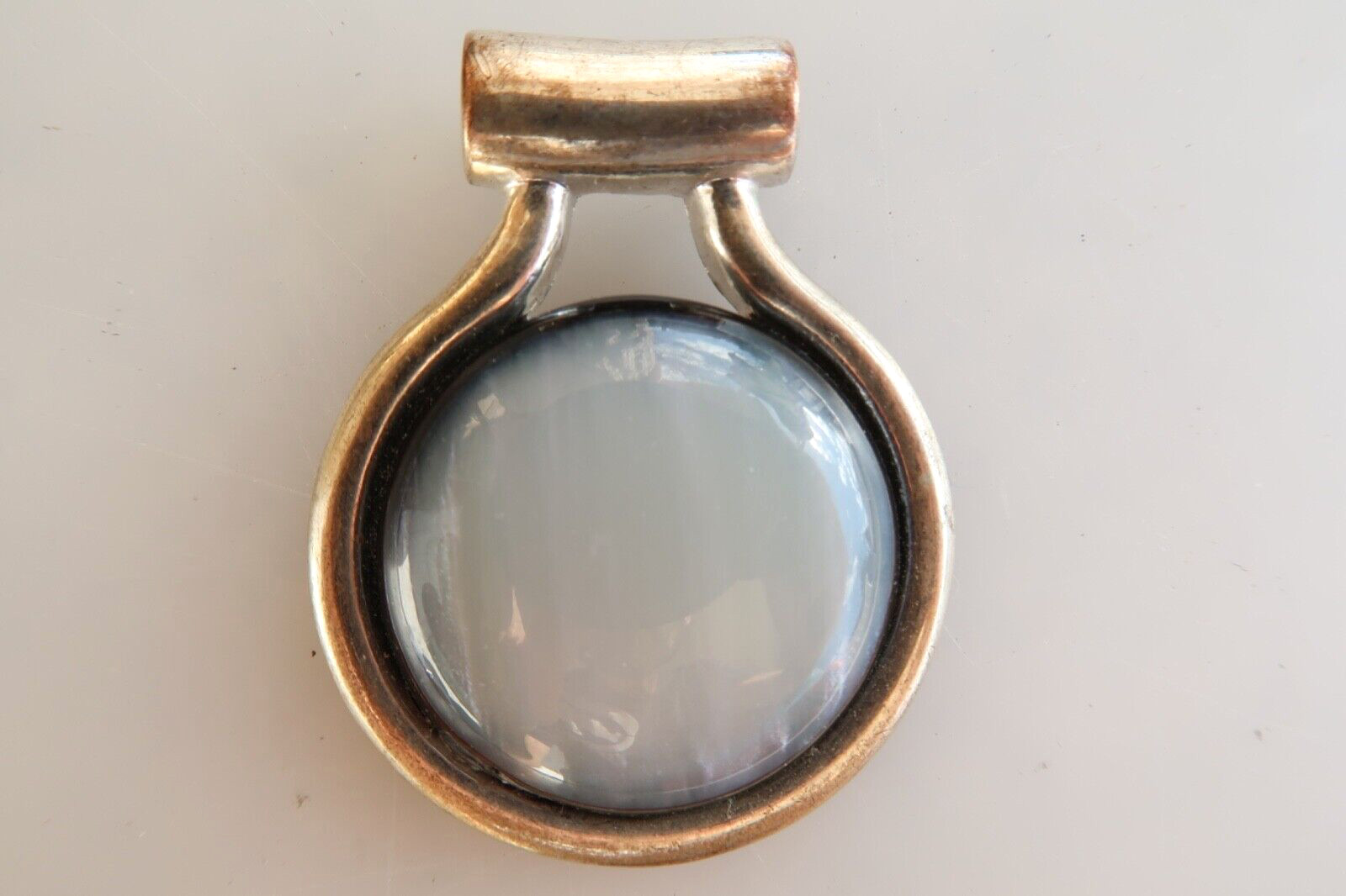 Clear White Iridescent Silver Tone Pendant Marked KC