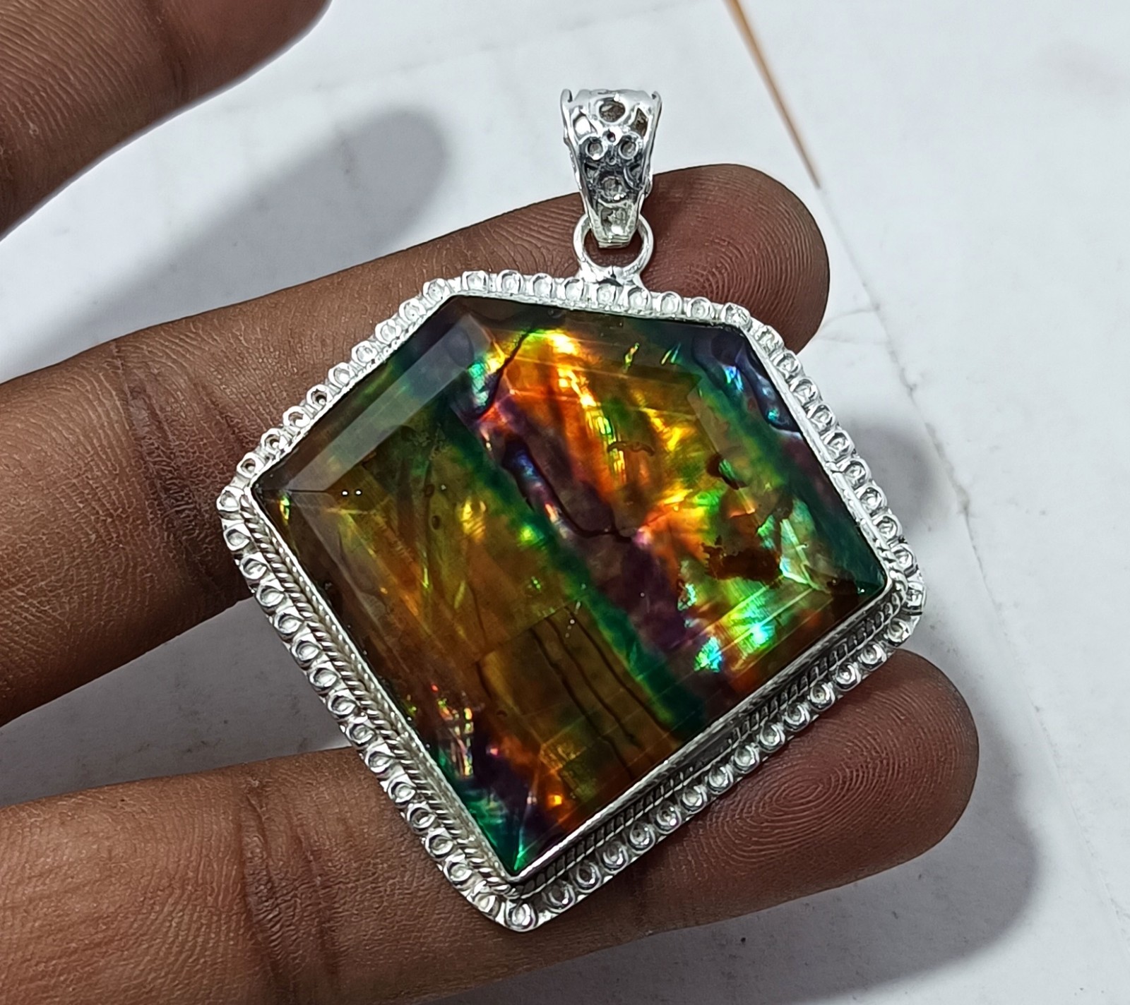 Certified 107.50 Ct Natural Ammolite 925 Solid Silver Pendant Loose Gemstone