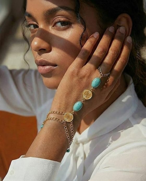 Turquoise Bracelet for Women, 14K Gold Plated Adjustable Stackable Boho Hand Cha