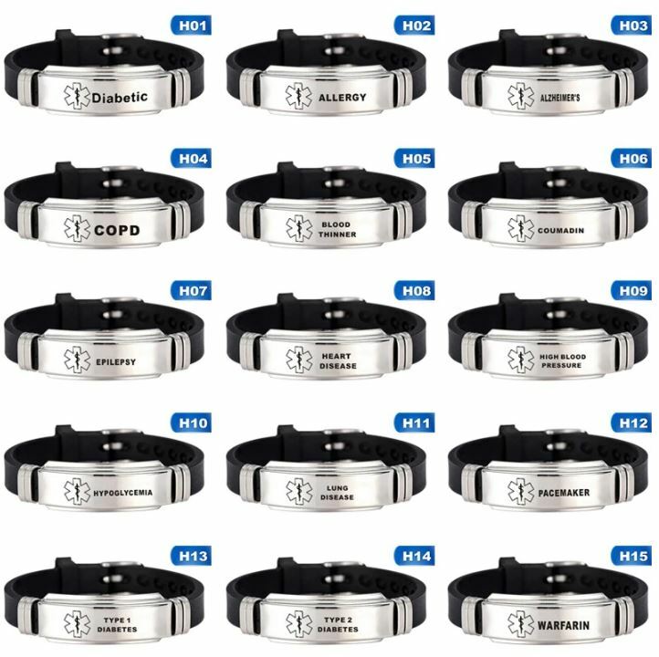 Medical Alert Bracelet Silicone Wristband Diabetes Epilepsy Stainless Steel