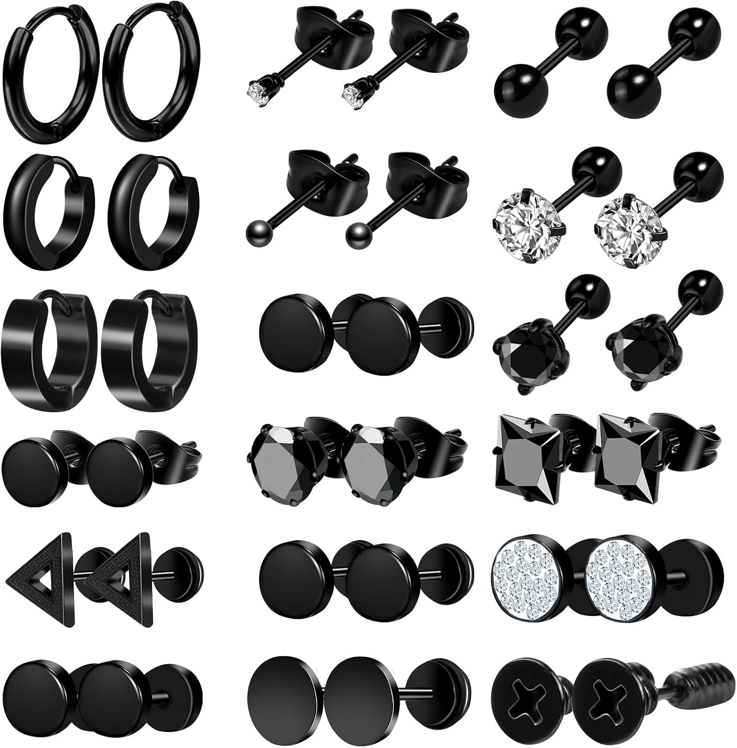12/18 Pcs Mens Earrings Black Earrings for Men Stainless Steel Earrings Piercing