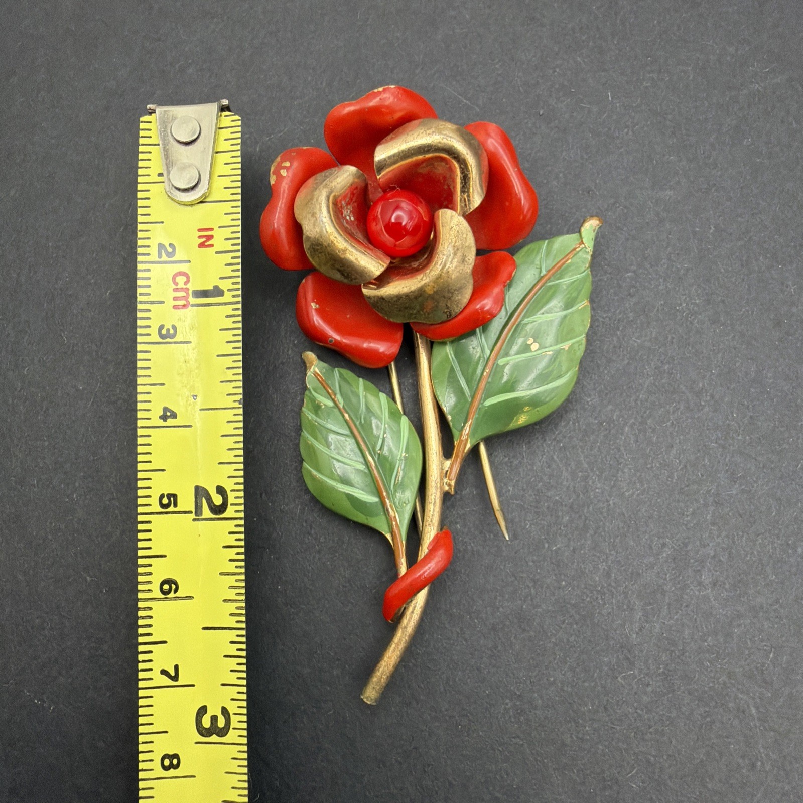 Vintage Crown Trifari Red Rose Green Enamel Set- Brooch & clip on earrings