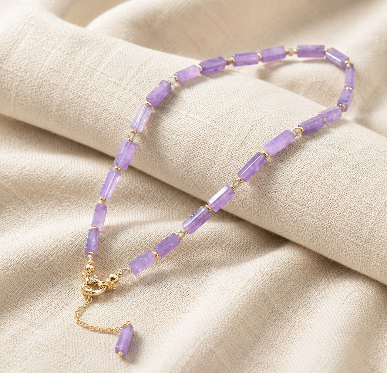 18K Gold Plated Amethyst Beaded Y Toggle Necklace Purple Semi-Precious Stone NEW