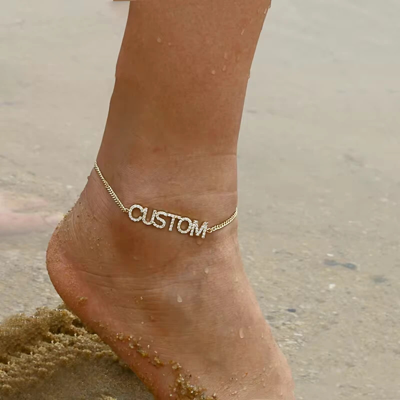 Custom Name Cubic Zirconia Anklet Jewelry Stainless Steel Diamond Cuban Chain
