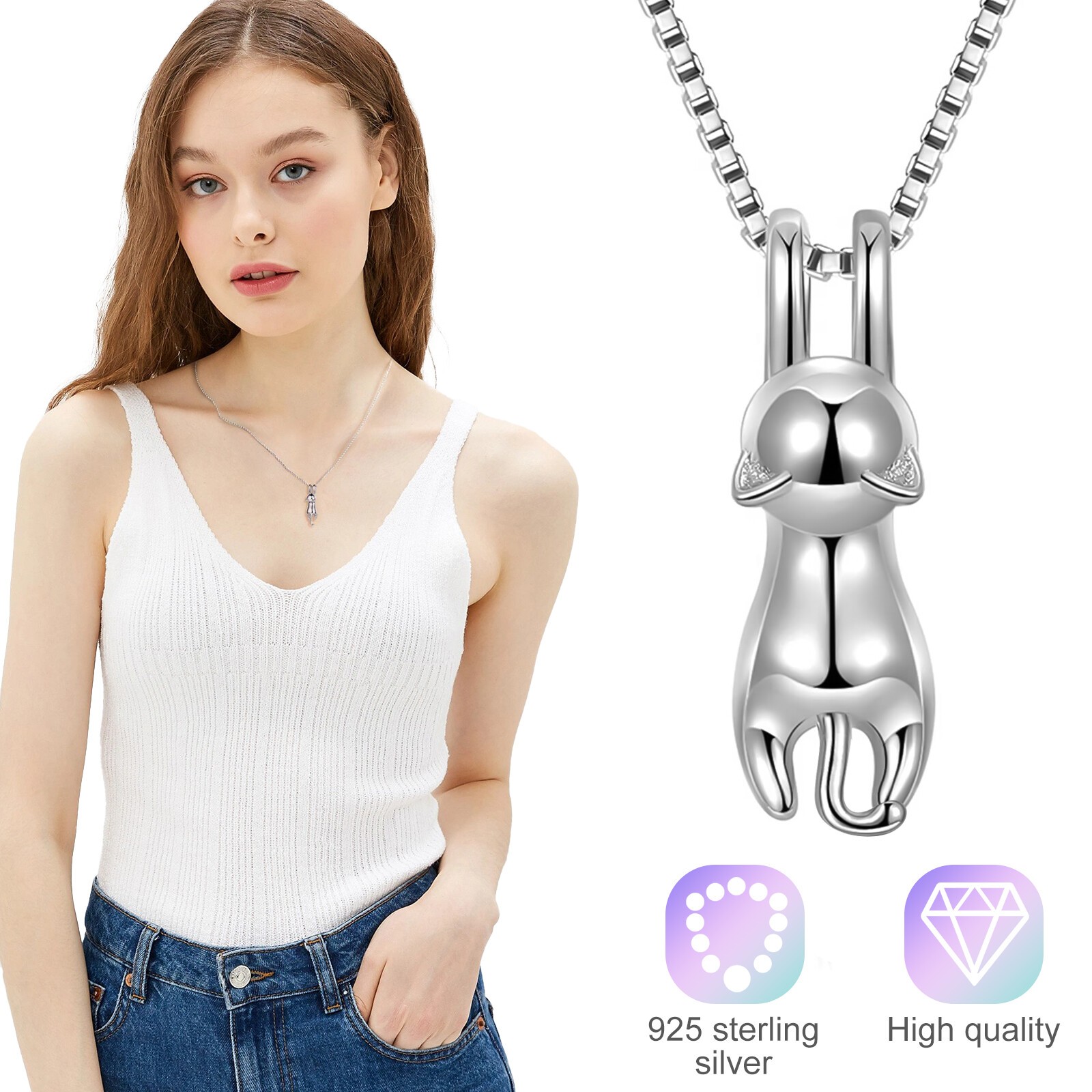 925 Sterling Silver Pendant Necklace Women Girls Cat Adorable Chain Jewelry Gift