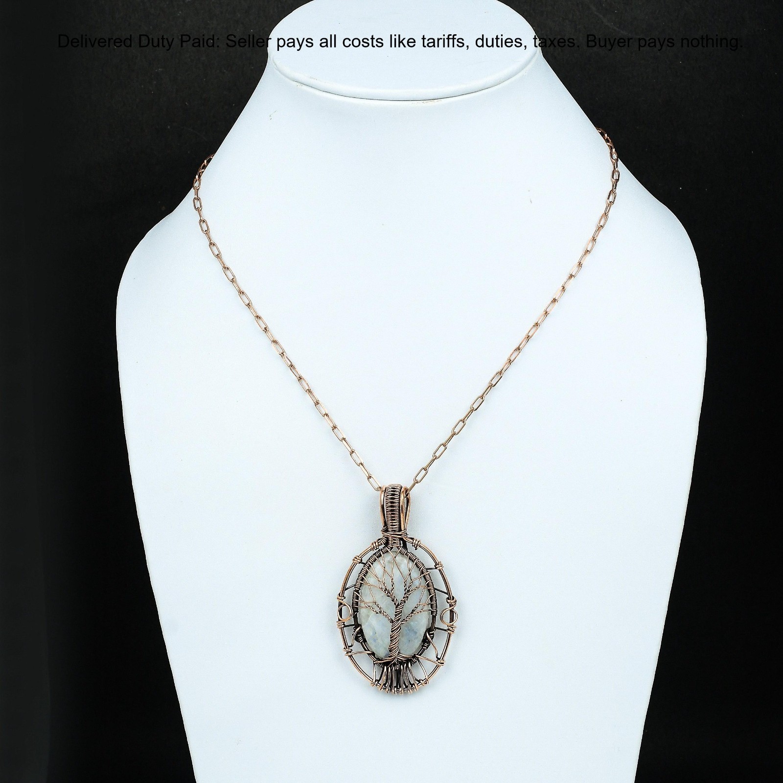 Copper Rainbow Moonstone Gemstone Tree Of Life And Wire Wrapped Pendant Jewelry