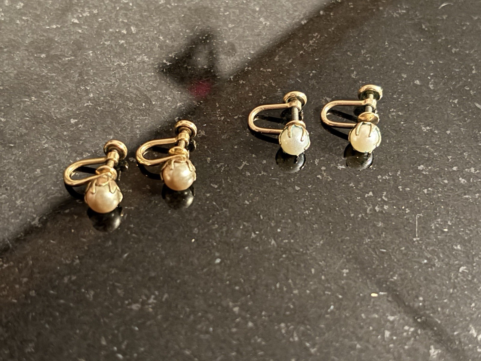 12k Gold Filled Signed Screw Back Stud Earrings, Set of 2 Pairs Simulated Pearl