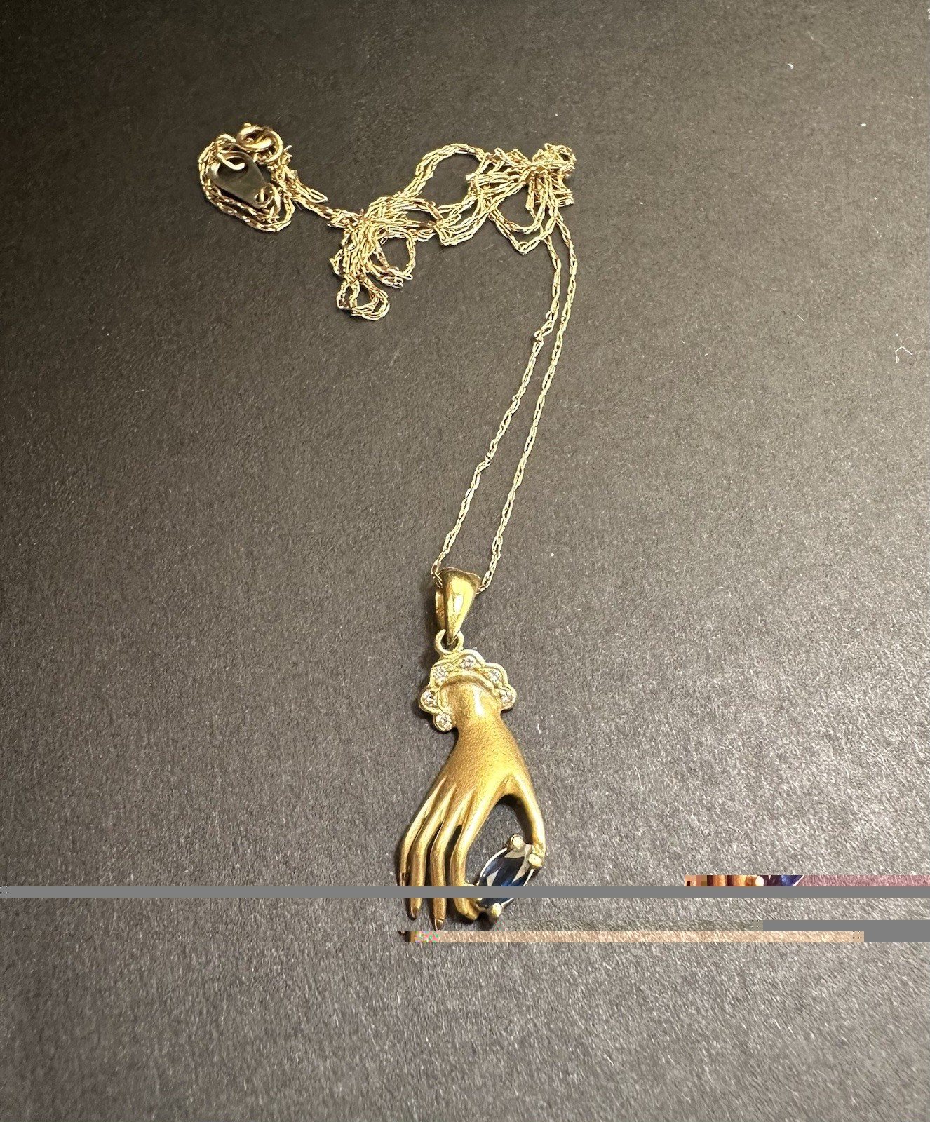Vintage 18k Gold Hand Charm Pendant Necklace Marquise cut Sapphire and Diamonds