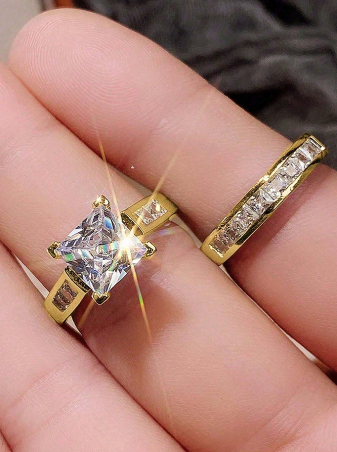 2PCS Square Crystal Wedding Ring Set Polished Elegant Bridal Women’s Jewelry USA
