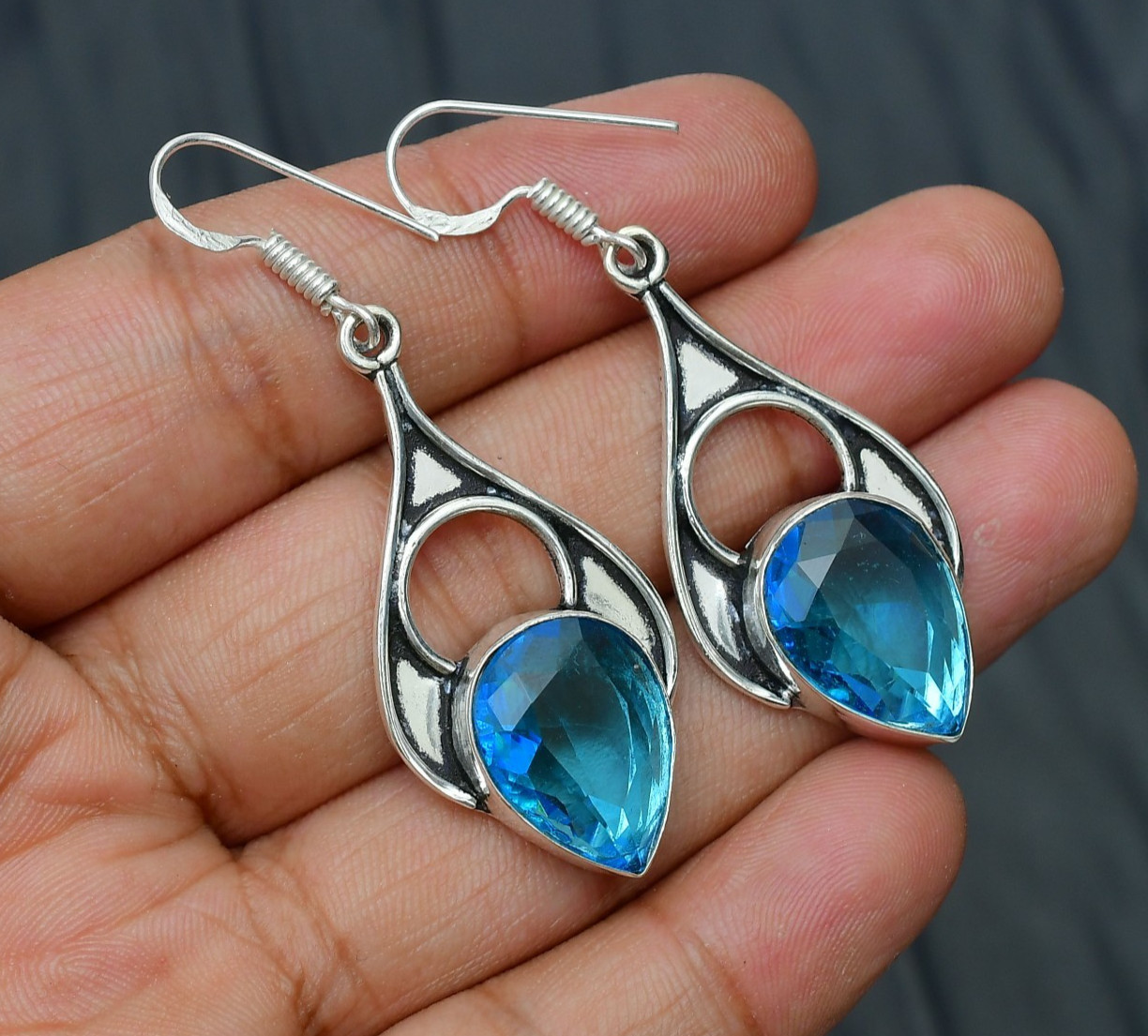 Blue Topaz (Lab-Created) Gemstone 925 sterling silver Handmade Earring 1.96″