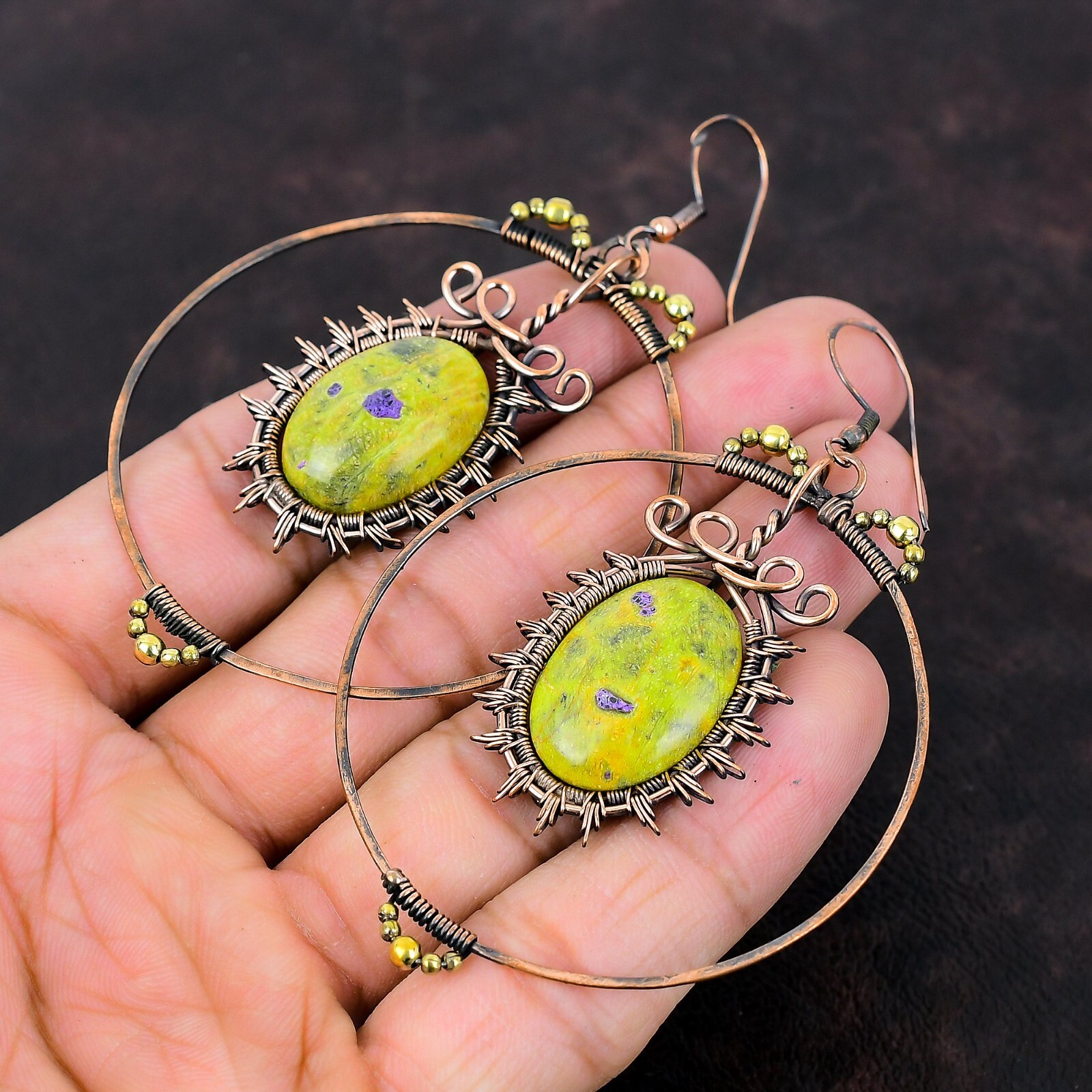 Gift For Her Stichtite Wire Wrapped Drop/Dangle Earrings Copper Jewelry 3.35″