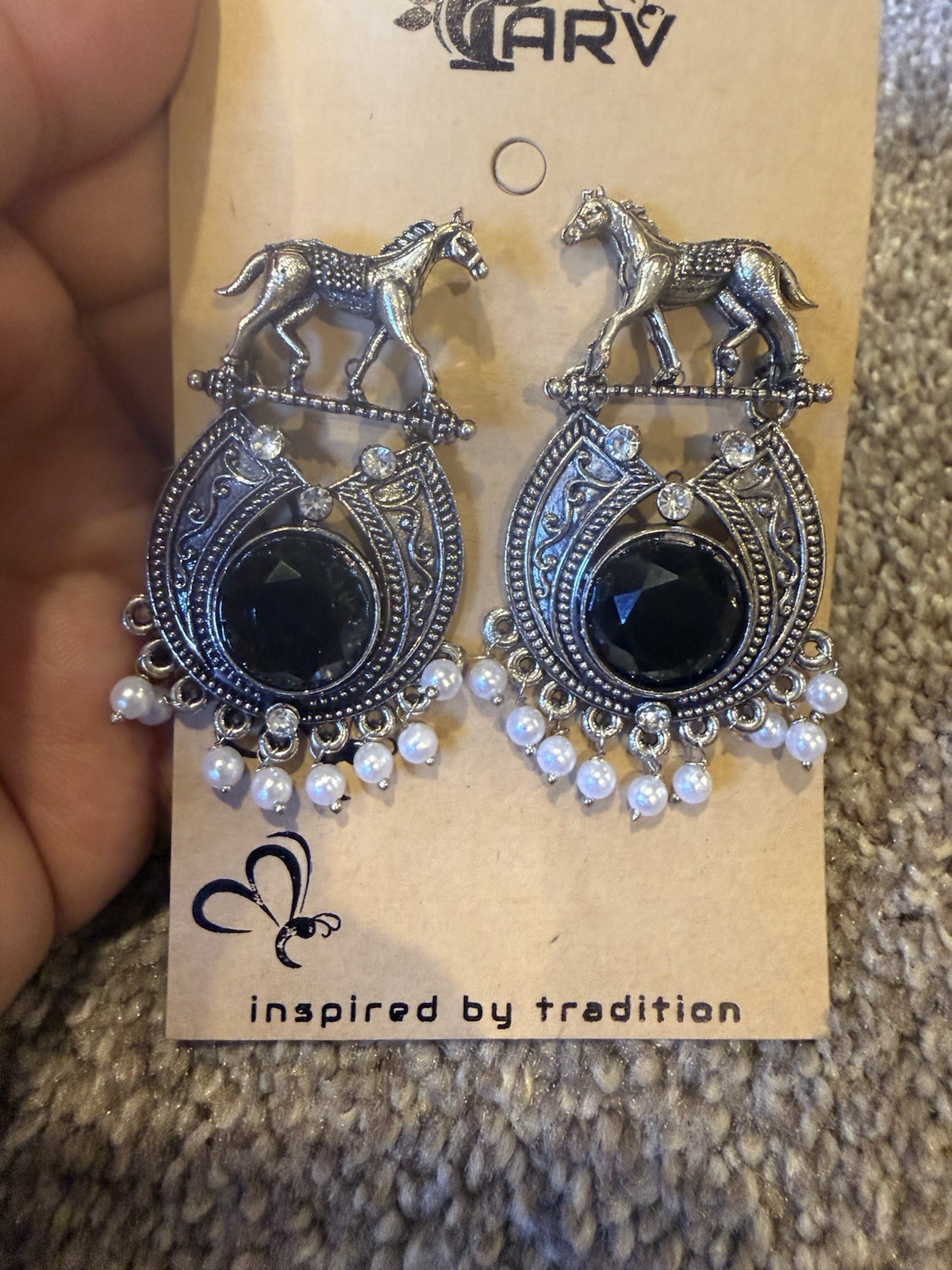PARV Silver Tone Horse Dangle Earrings Round Black Onyx Beaded Butterfly