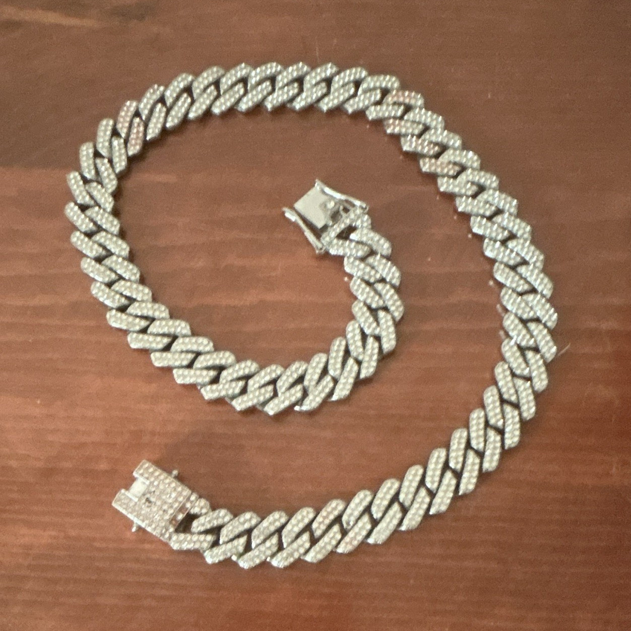 Silver-Tone Cuban Link Chain, Clear Pavé Setting, Box Clasp