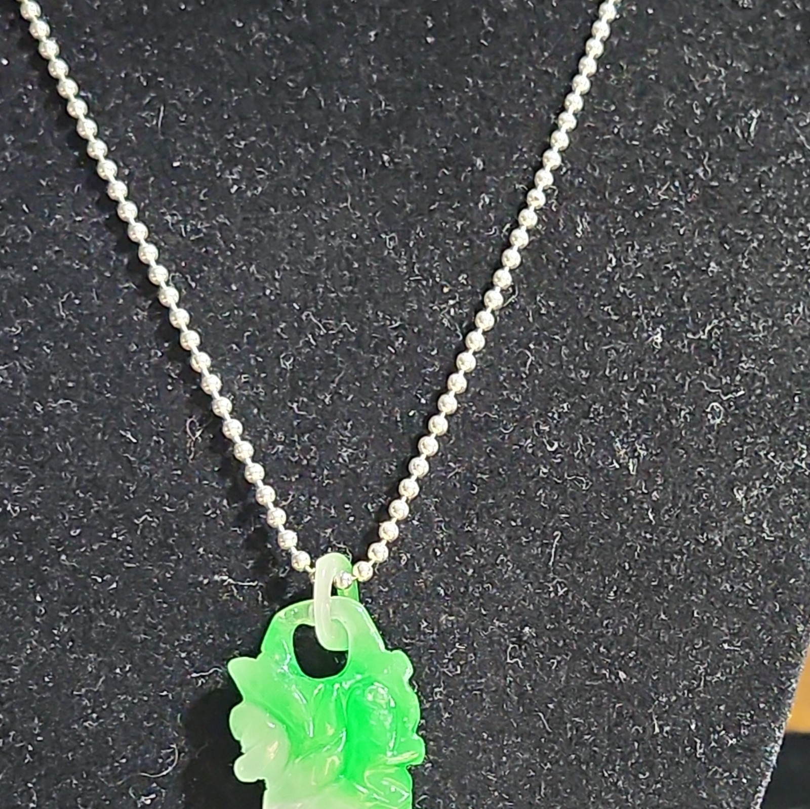Hand Carved Jadeite Gr/Wh Snow Moss Dragon Carp Pendant 925 SS Ball Chain 18″