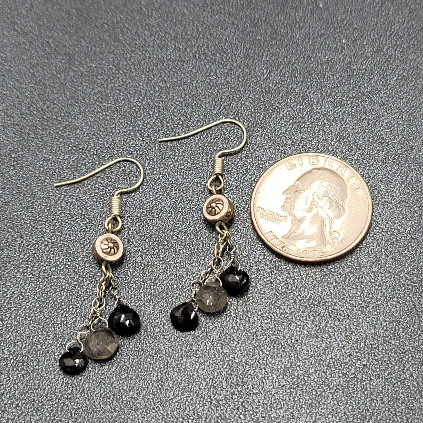 Pierced Earrings Silver tone Black Gray Stones on Dangle Chains 1.25″