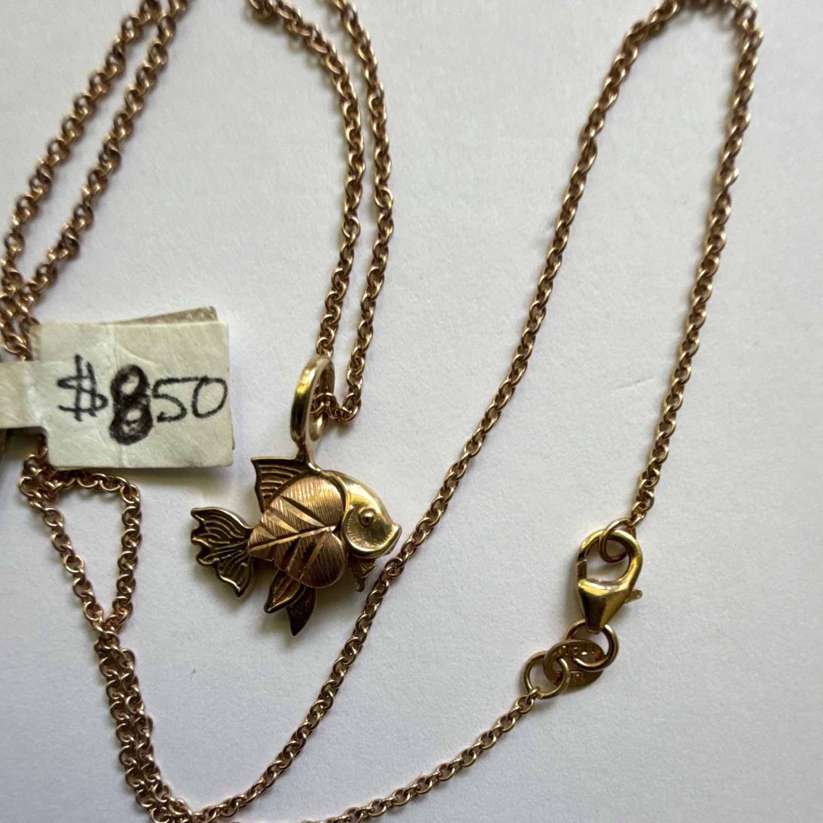 Gold Tone Fish Charm Pendant Necklace Cable Chain Lobster Clasp Metal