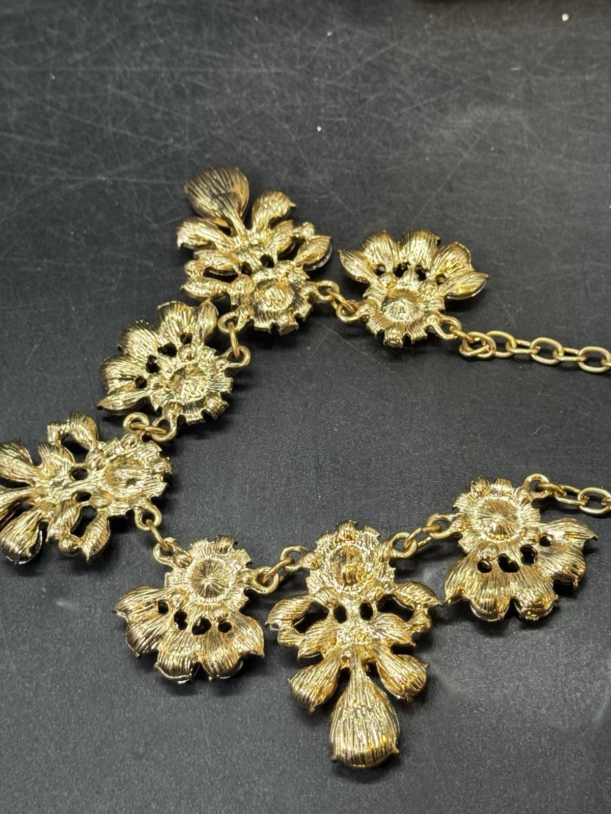 Dangle Bib Statement Necklace 18” + 3” Extender Gold Tone Pale Pink White Clear