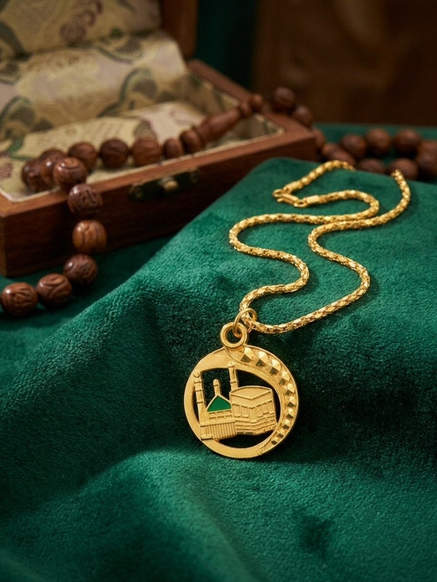 Kaaba Masjid Al Haram Pendant Necklace Islamic Muslim Jewelry Gift Gold Tone